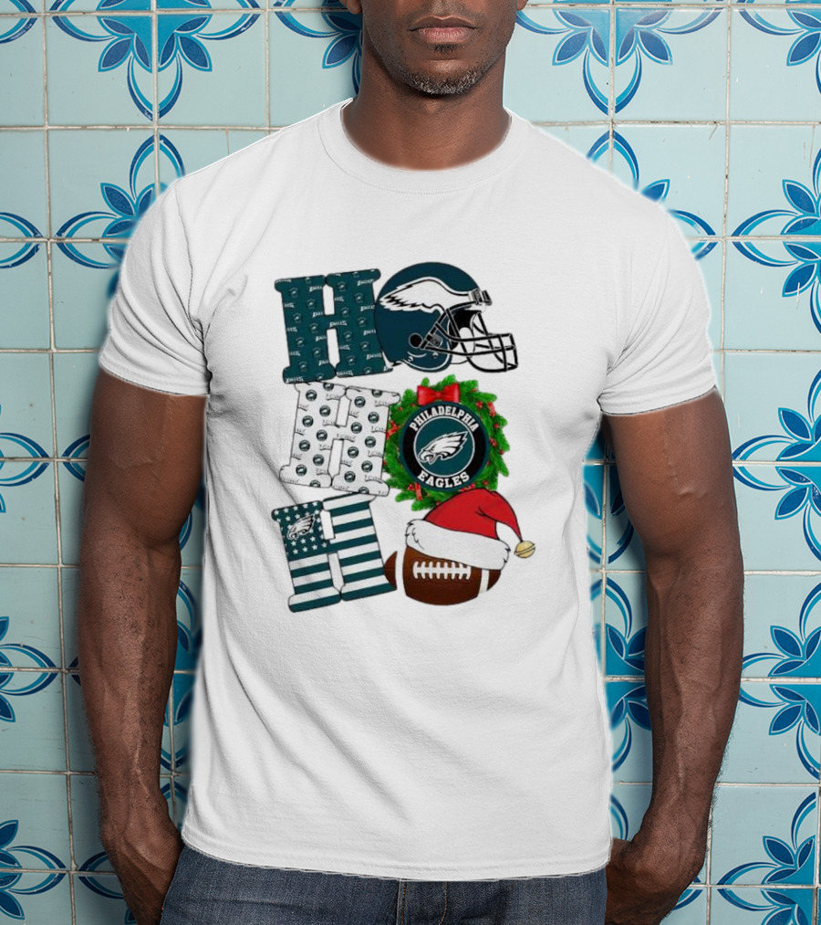Philadelphia Eagles Ho Ho Ho Merry Christmas Football Helmet Wreath Santa Hat T-Shirt