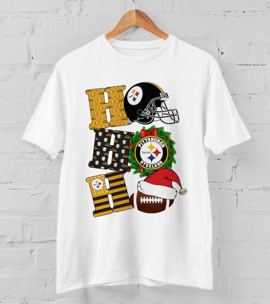 Pittsburgh Steelers Ho Ho Ho Merry Christmas Football Helmet Wreath Santa Hat T-Shirt