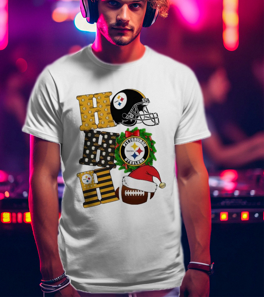 Pittsburgh Steelers Ho Ho Ho Merry Christmas Football Helmet Wreath Santa Hat T-Shirt