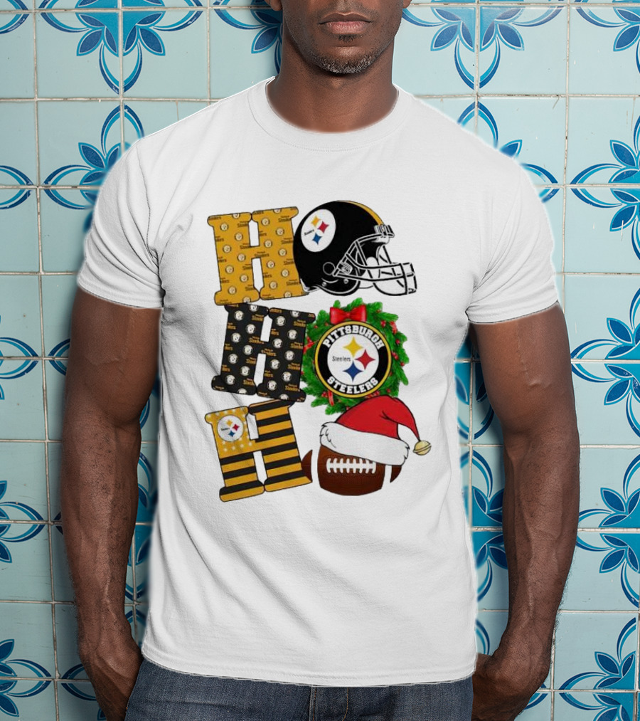 Pittsburgh Steelers Ho Ho Ho Merry Christmas Football Helmet Wreath Santa Hat T-Shirt