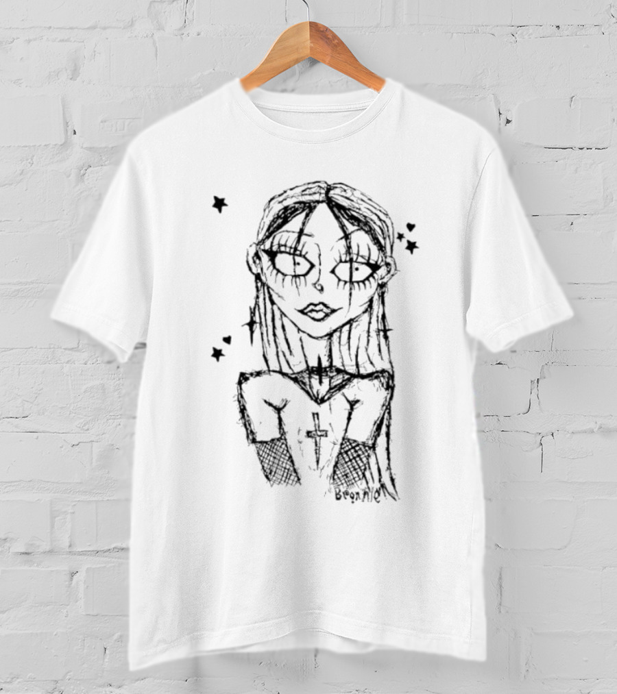 Cream Sketch Bronnie Gothic Character With Cross And Stars T-Shirt