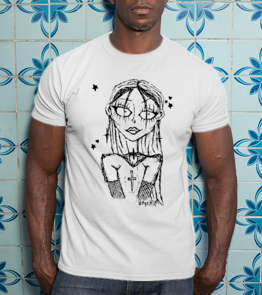 Cream Sketch Bronnie Gothic Character With Cross And Stars T-Shirt