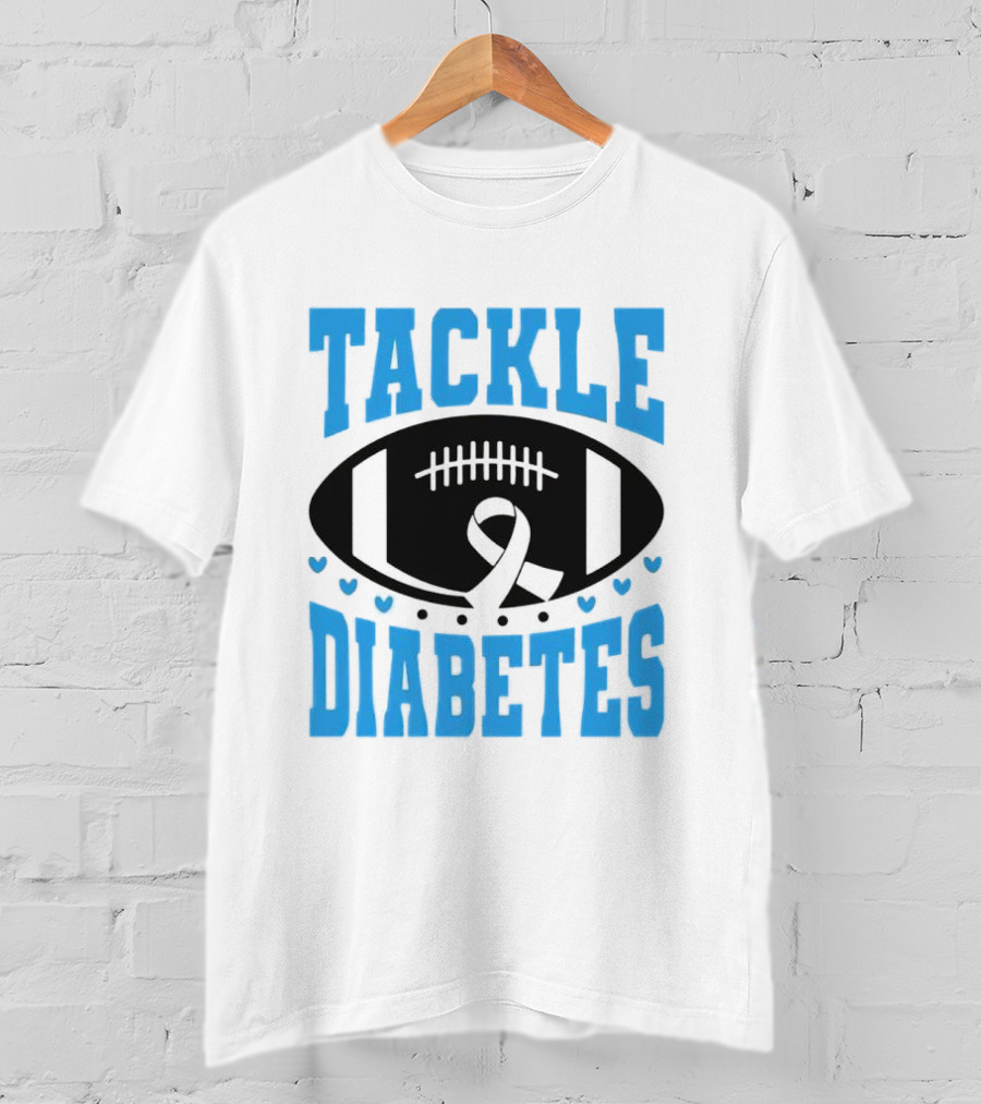 Tackle Diabetes Awareness Football Design With Blue Ribbon And Hearts T-Shirt