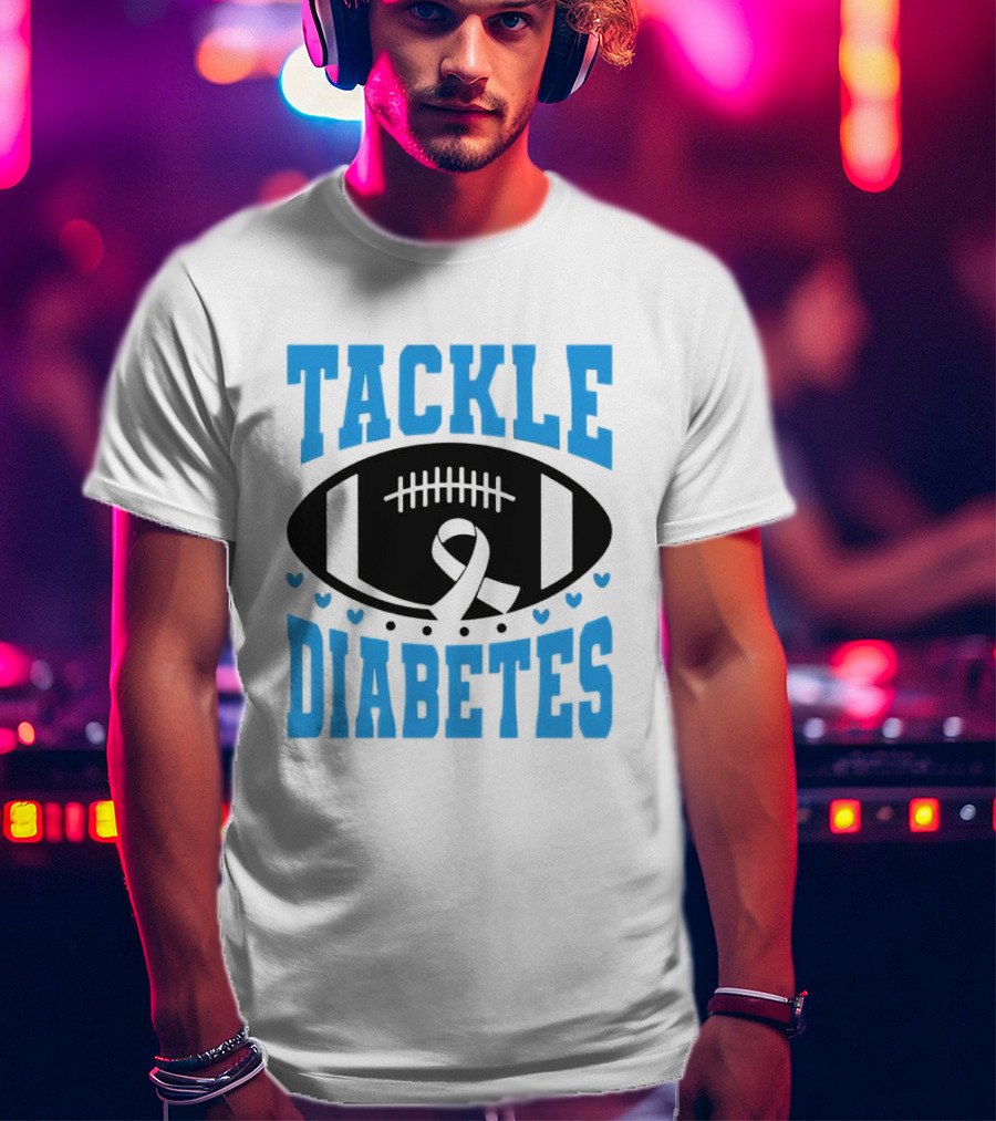 Tackle Diabetes Awareness Football Design With Blue Ribbon And Hearts T-Shirt