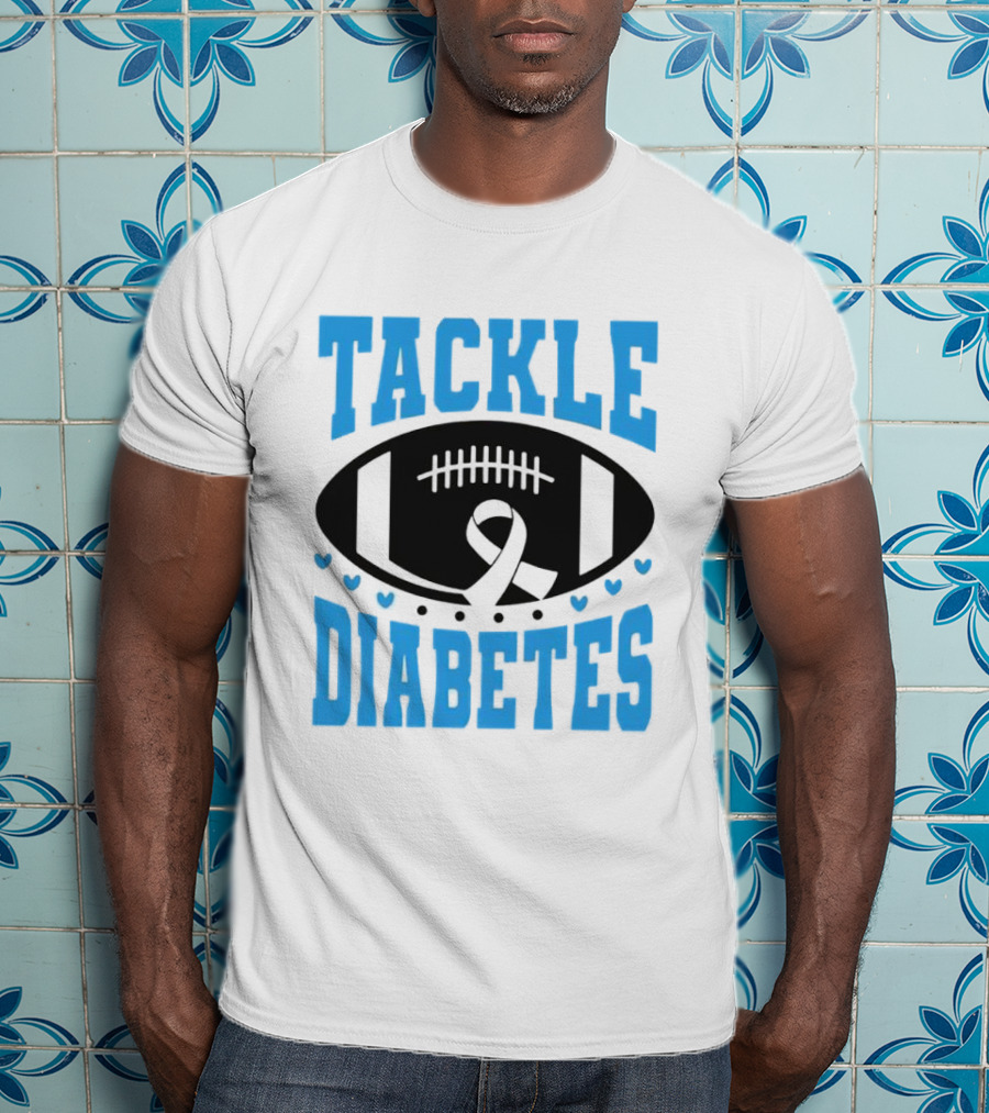 Tackle Diabetes Awareness Football Design With Blue Ribbon And Hearts T-Shirt