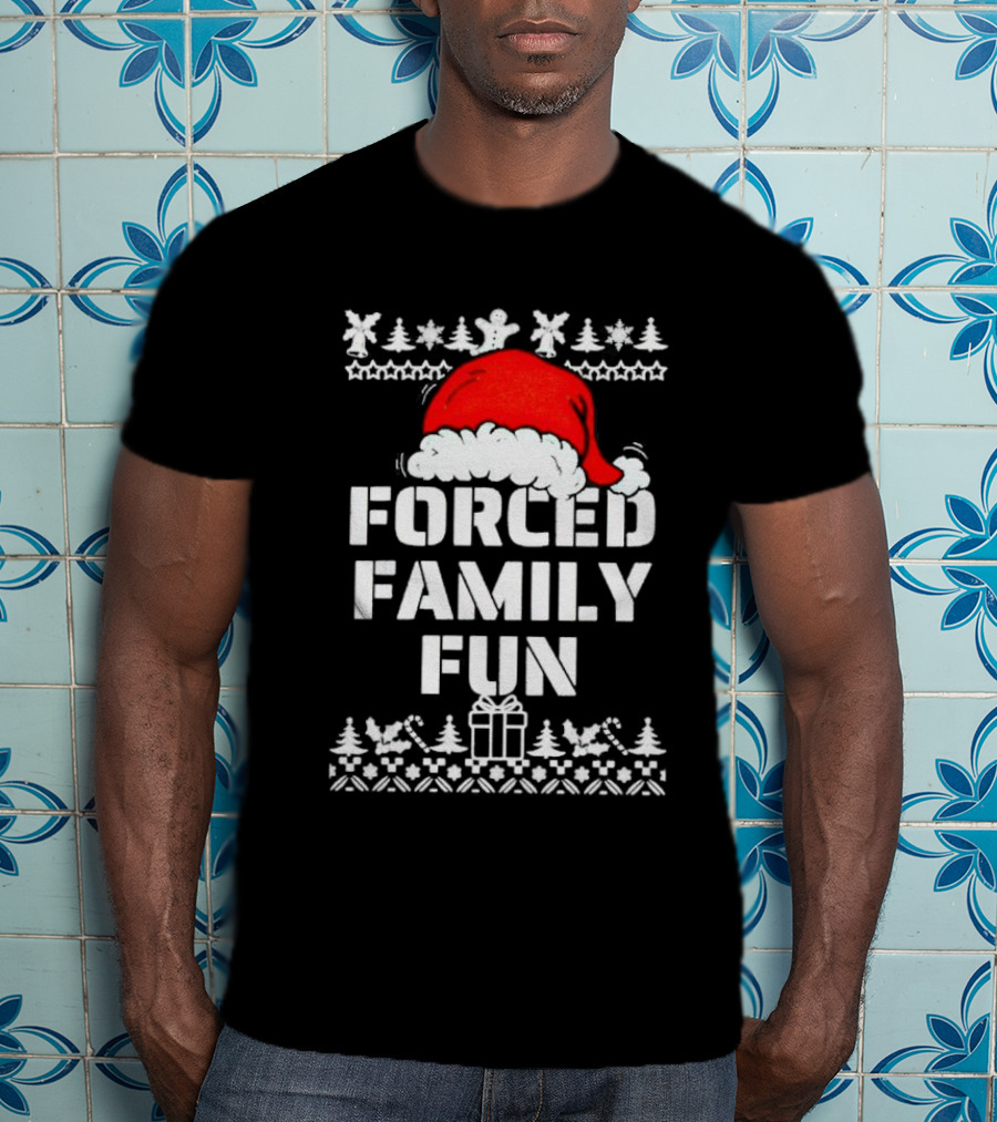 Forced Family Fun Christmas Santa Hat Trees Presents T-Shirt