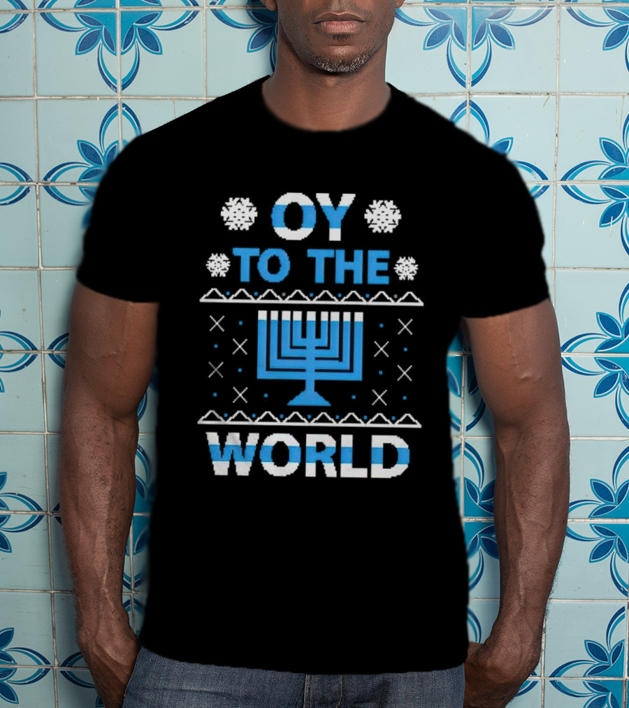 Oy To The World Happy Hanukkah Menorah Snowflakes T-Shirt