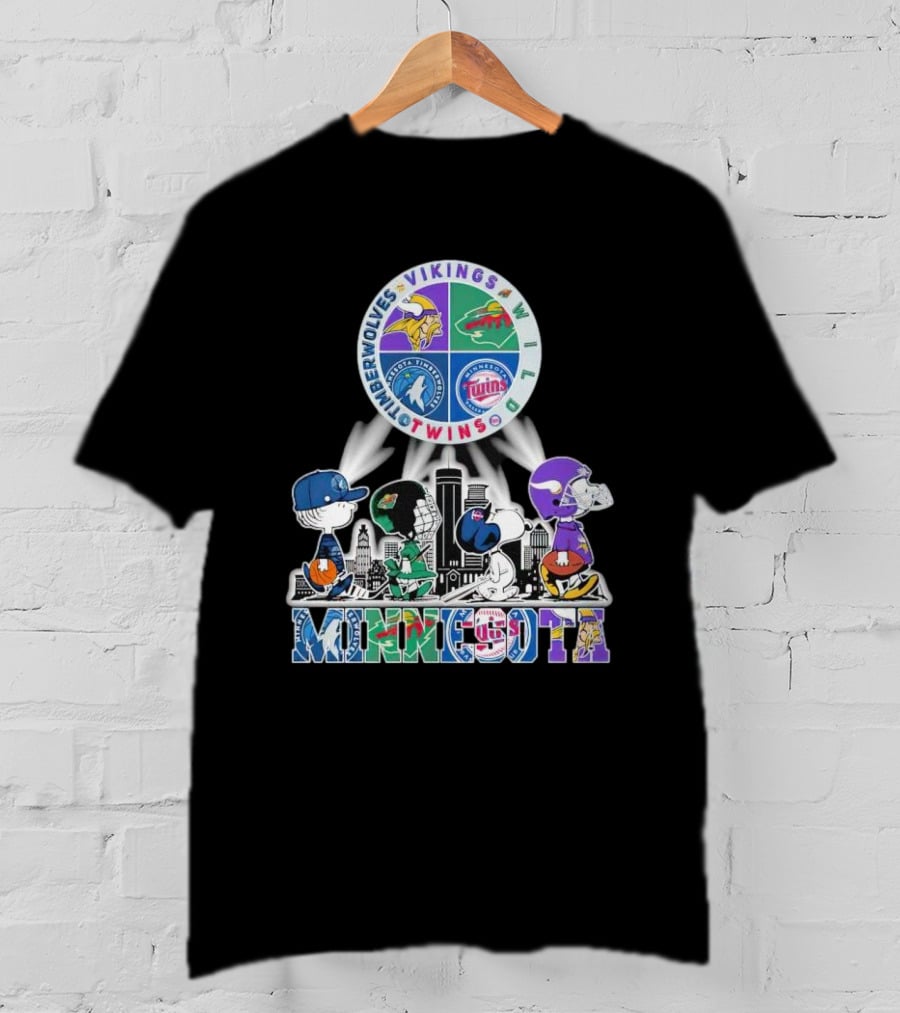Peanuts Characters Minnesota Vikings Timberwolves Wild Twins Walking In Minnesota T-Shirt