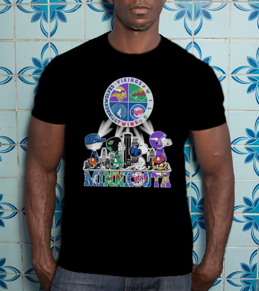 Peanuts Characters Minnesota Vikings Timberwolves Wild Twins Walking In Minnesota T-Shirt