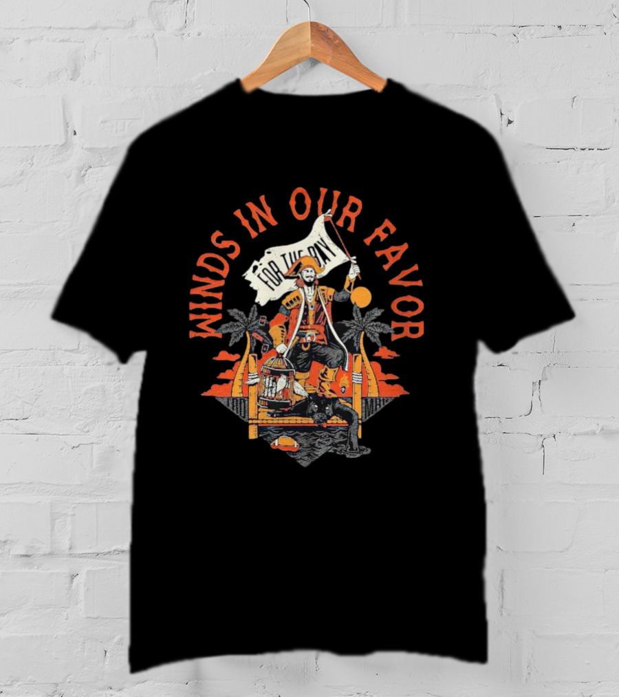 Winds In Our Favor Pirate With Flag And Parrot Tropical Scene T-Shirt