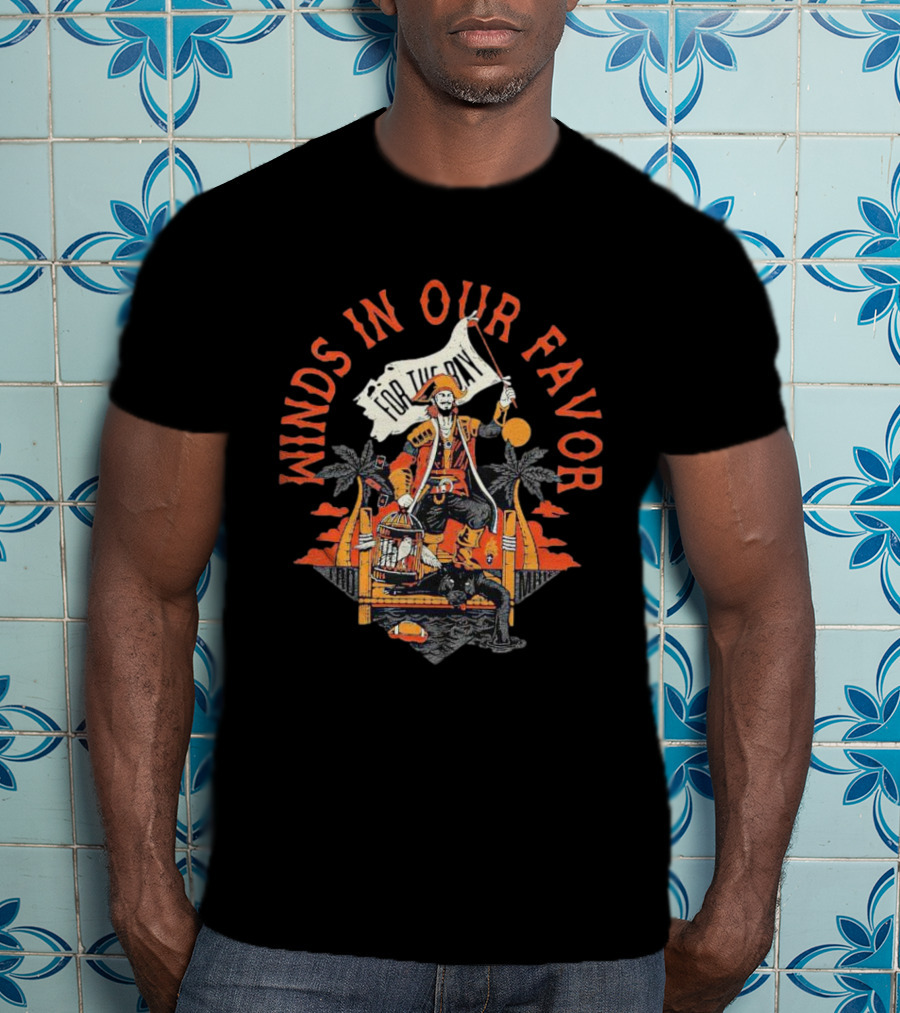 Winds In Our Favor Pirate With Flag And Parrot Tropical Scene T-Shirt