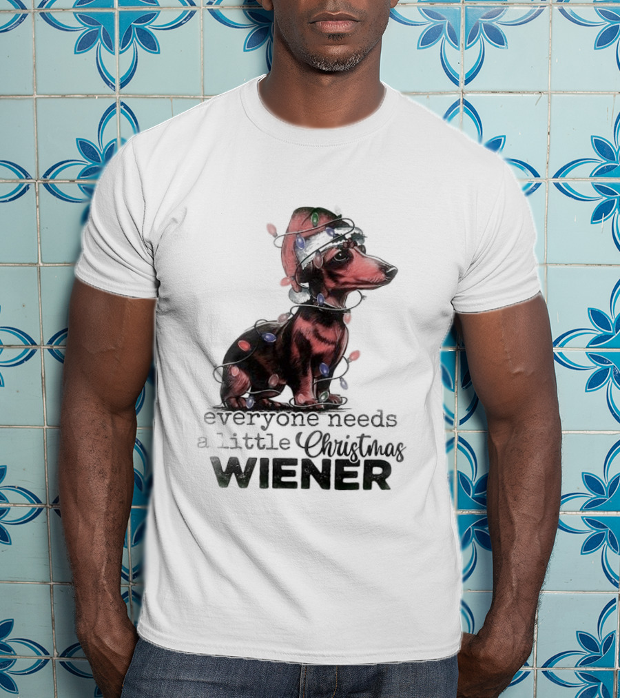 Everyone Needs A Little Christmas Wiener Dachshund With Lights And Santa Hat T-Shirt
