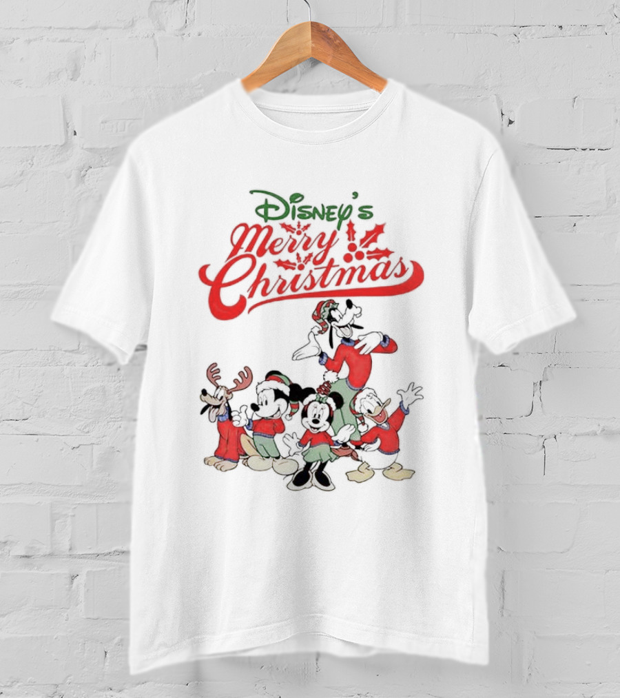 Disney’s Merry Christmas Mickey Minnie Goofy Pluto Festive Holiday T-Shirt