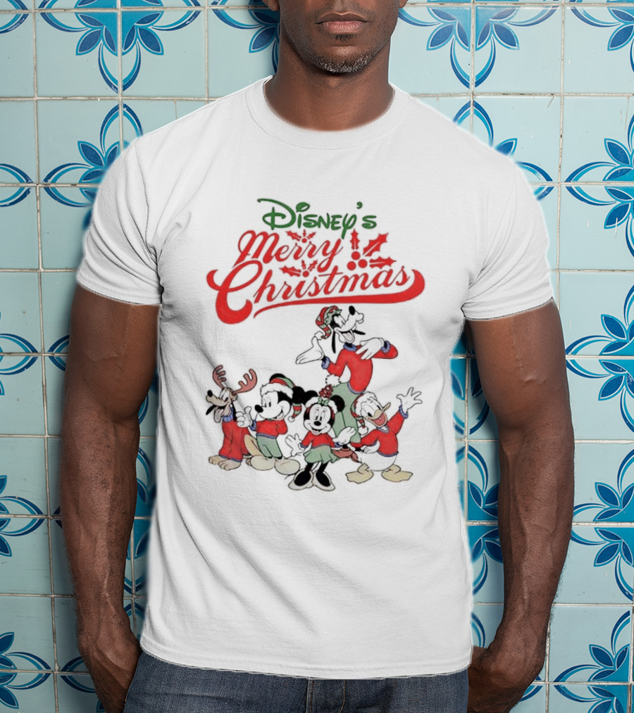 Disney’s Merry Christmas Mickey Minnie Goofy Pluto Festive Holiday T-Shirt