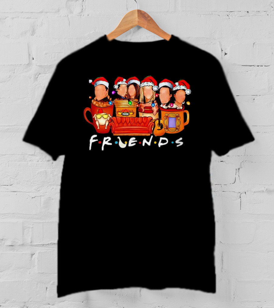 Friends Christmas Santa Hats Couch Central Perk Logo Mugs Guitar T-Shirt