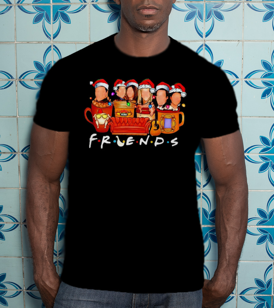 Friends Christmas Santa Hats Couch Central Perk Logo Mugs Guitar T-Shirt