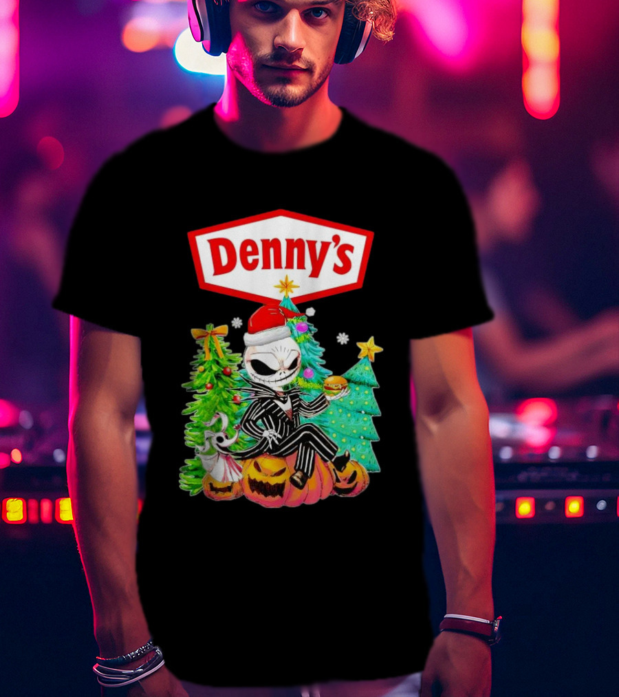 Denny’s Jack Skellington Santa Sitting On Pumpkins With Christmas Trees T-Shirt