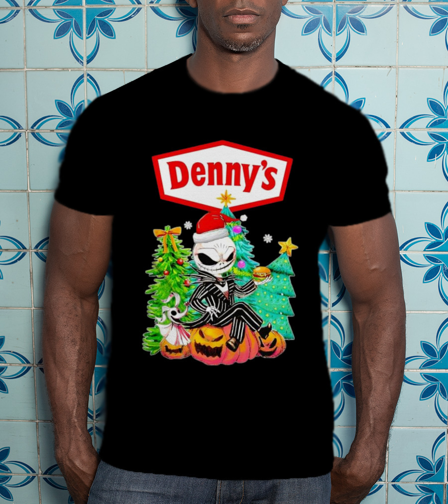 Denny’s Jack Skellington Santa Sitting On Pumpkins With Christmas Trees T-Shirt