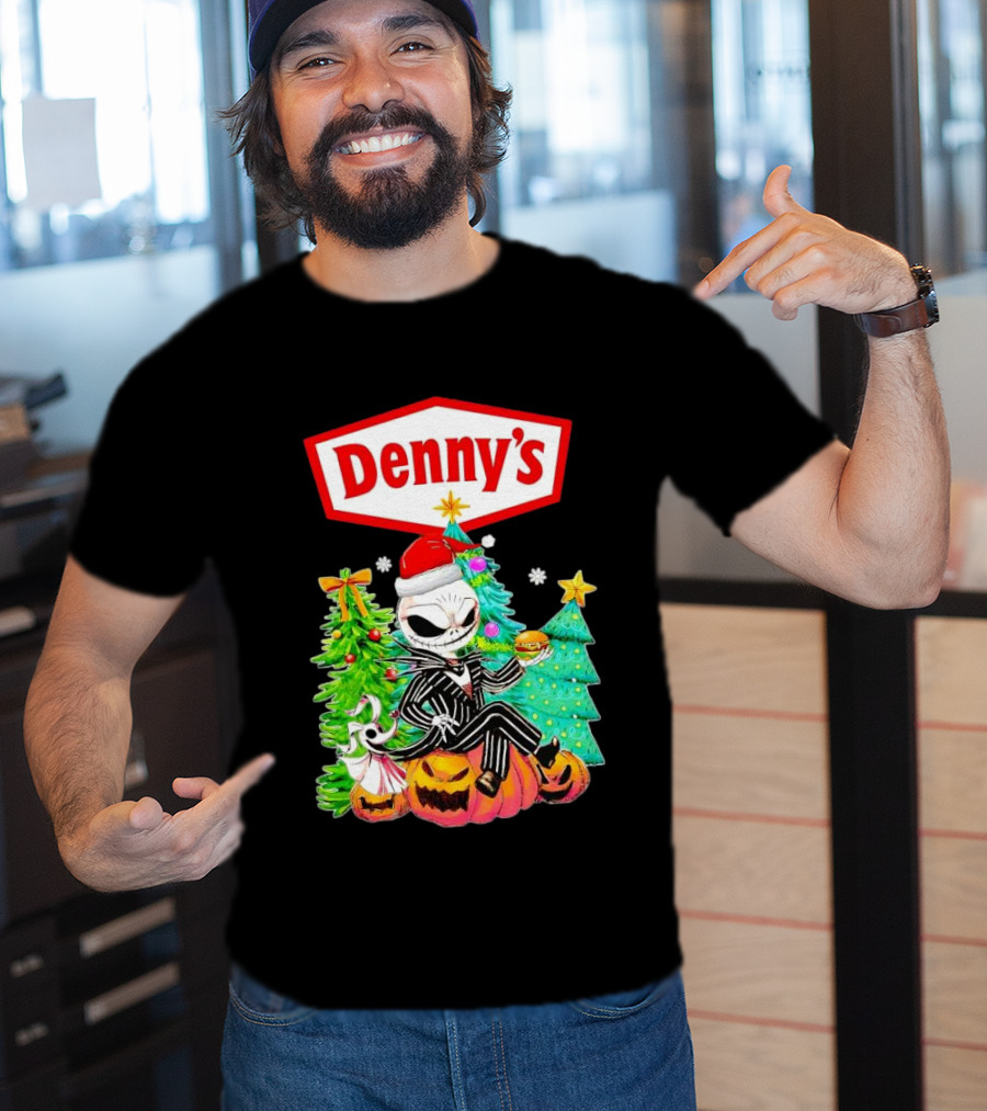 Denny’s Jack Skellington Santa Sitting On Pumpkins With Christmas Trees T-Shirt