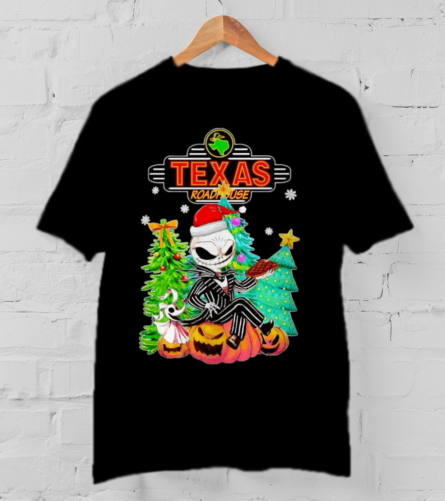 Jack Skellington Christmas With Texas Roadhouse Pumpkin And Christmas Trees T-Shirt