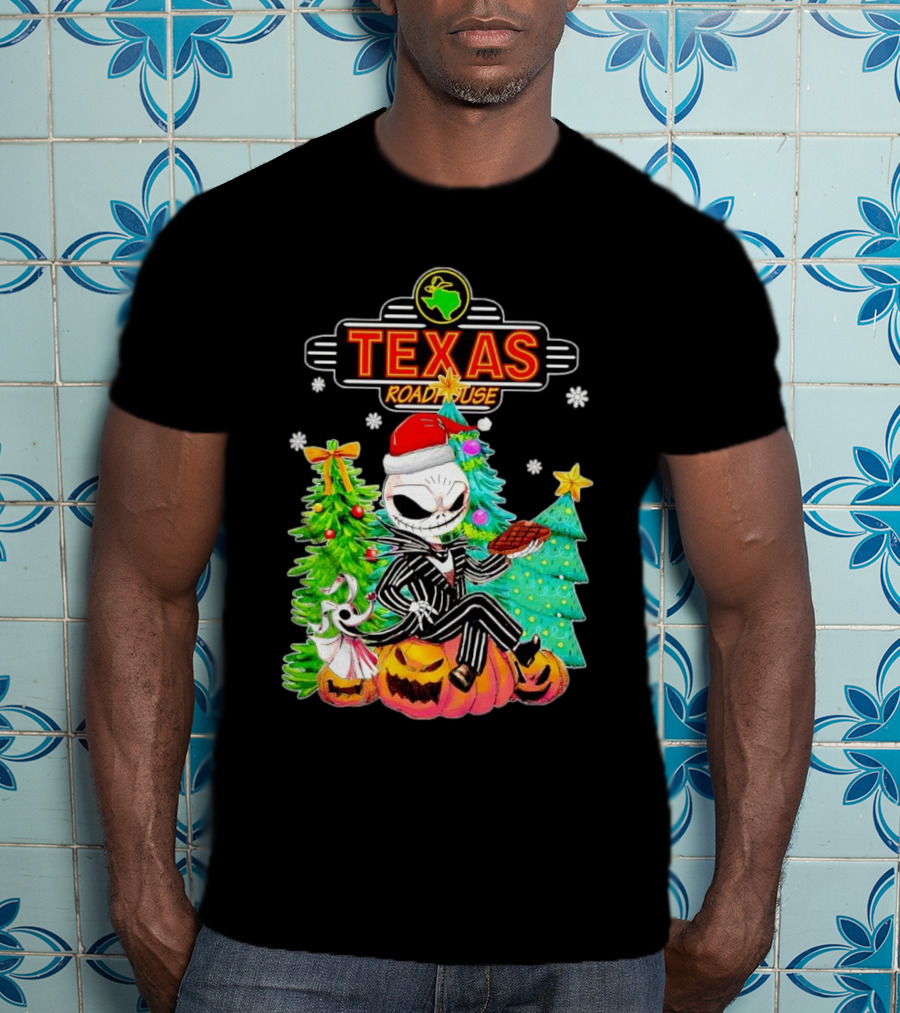Jack Skellington Christmas With Texas Roadhouse Pumpkin And Christmas Trees T-Shirt