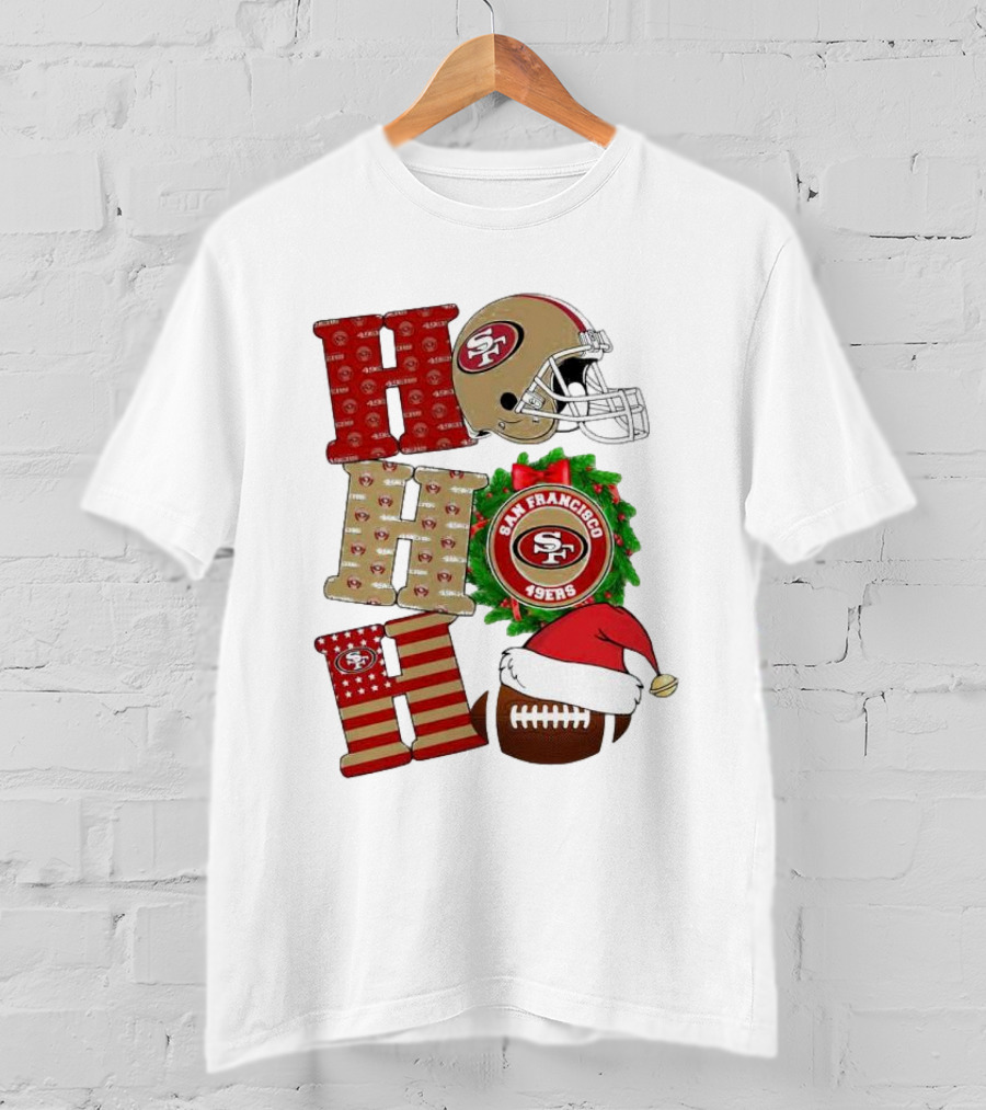 San Francisco 49ers Ho Ho Ho Merry Christmas Football Helmet Wreath Santa Hat T-Shirt