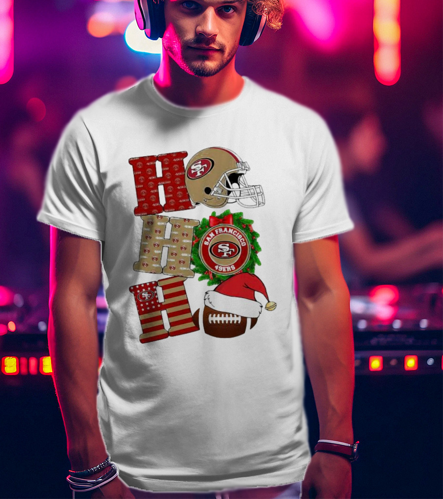 San Francisco 49ers Ho Ho Ho Merry Christmas Football Helmet Wreath Santa Hat T-Shirt
