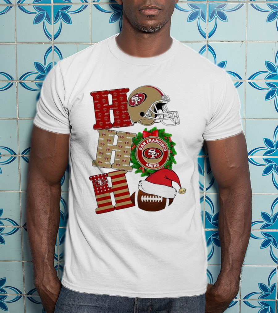 San Francisco 49ers Ho Ho Ho Merry Christmas Football Helmet Wreath Santa Hat T-Shirt