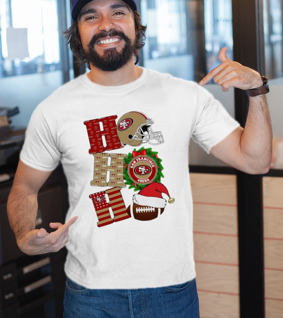 San Francisco 49ers Ho Ho Ho Merry Christmas Football Helmet Wreath Santa Hat T-Shirt