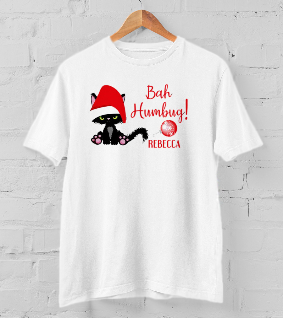 Santa Black Cat Bah Humbug Xmas Custom Name Rebecca T-Shirt