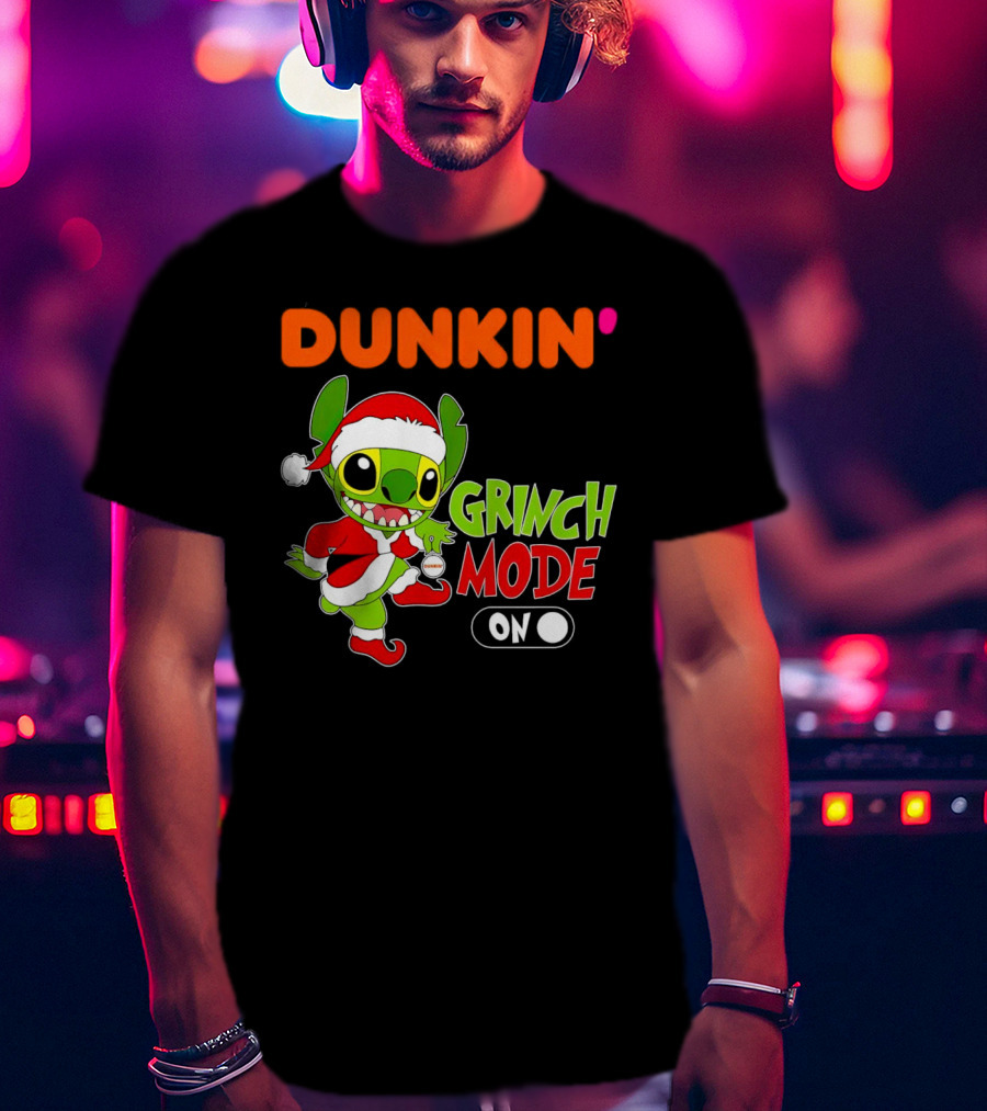 Dunkin' Grinch Mode On Christmas Stitch Santa Costume T-Shirt
