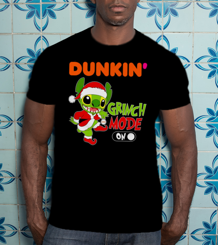 Dunkin' Grinch Mode On Christmas Stitch Santa Costume T-Shirt