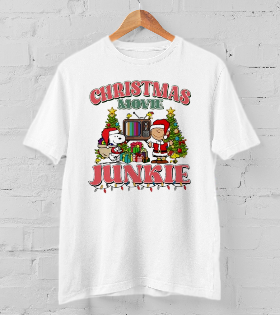 Snoopy And Charlie Brown Christmas Movie Junkie With TV And Gifts T-Shirt