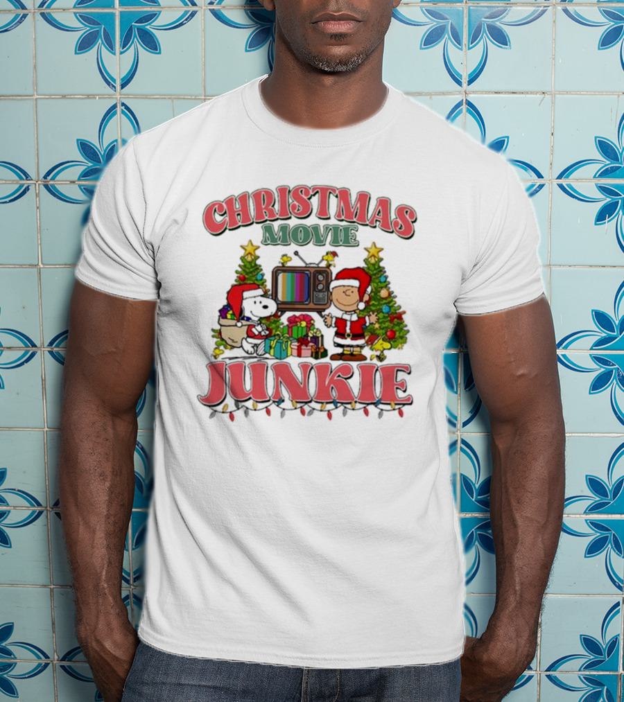 Snoopy And Charlie Brown Christmas Movie Junkie With TV And Gifts T-Shirt