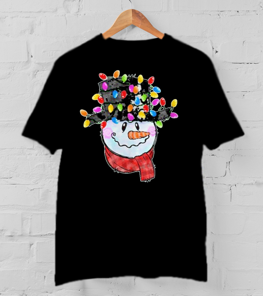 Snowman Wrapped In Colorful Christmas Lights With Black Top Hat And Red Scarf T-Shirt