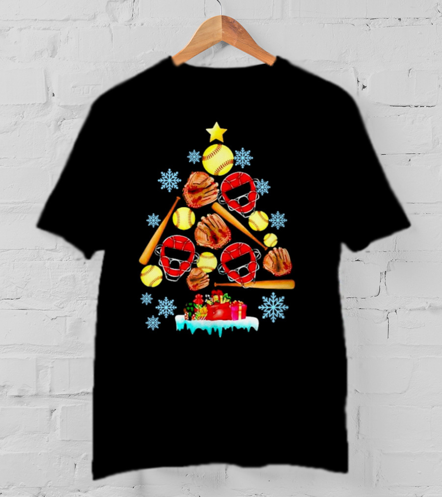 Christmas Tree With Softballs Bats Helmets Mitts And Gifts T-Shirt