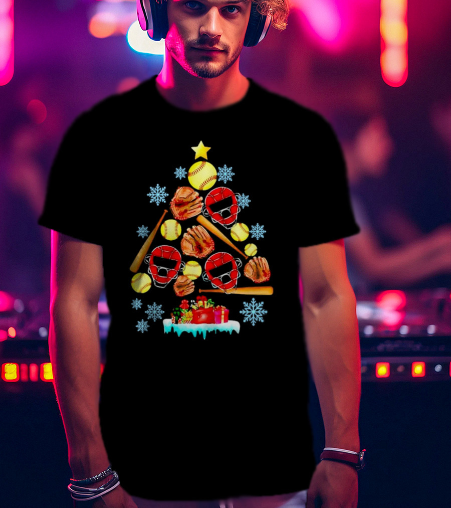 Christmas Tree With Softballs Bats Helmets Mitts And Gifts T-Shirt