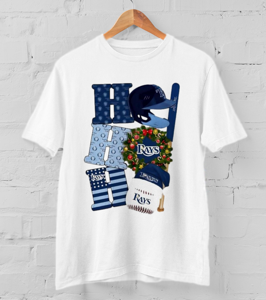 Tampa Bay Rays Ho Ho Ho Merry Christmas Baseball Helmet Wreath T-Shirt