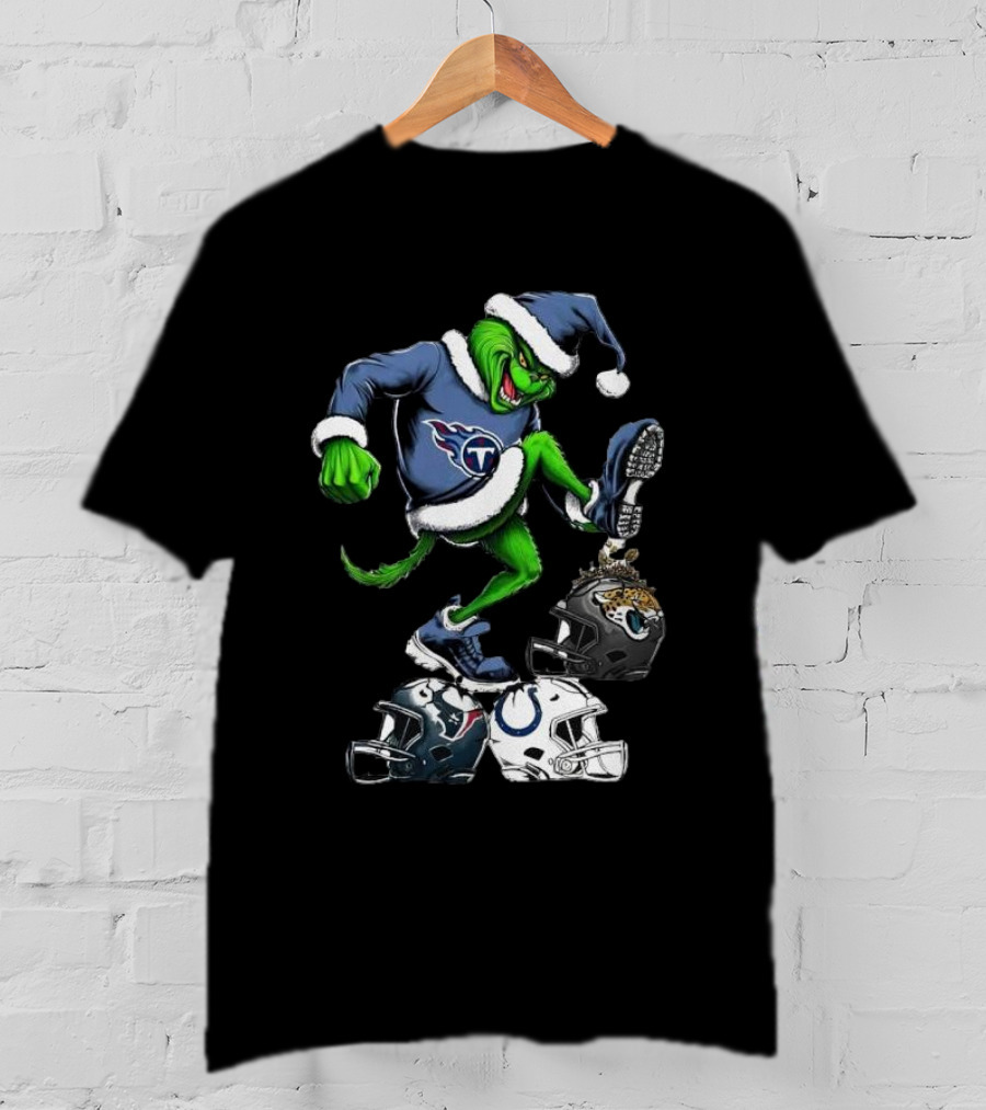 Tennessee Titans Grinch Stomping Jaguars Texans Colts Helmets Christmas T-Shirt