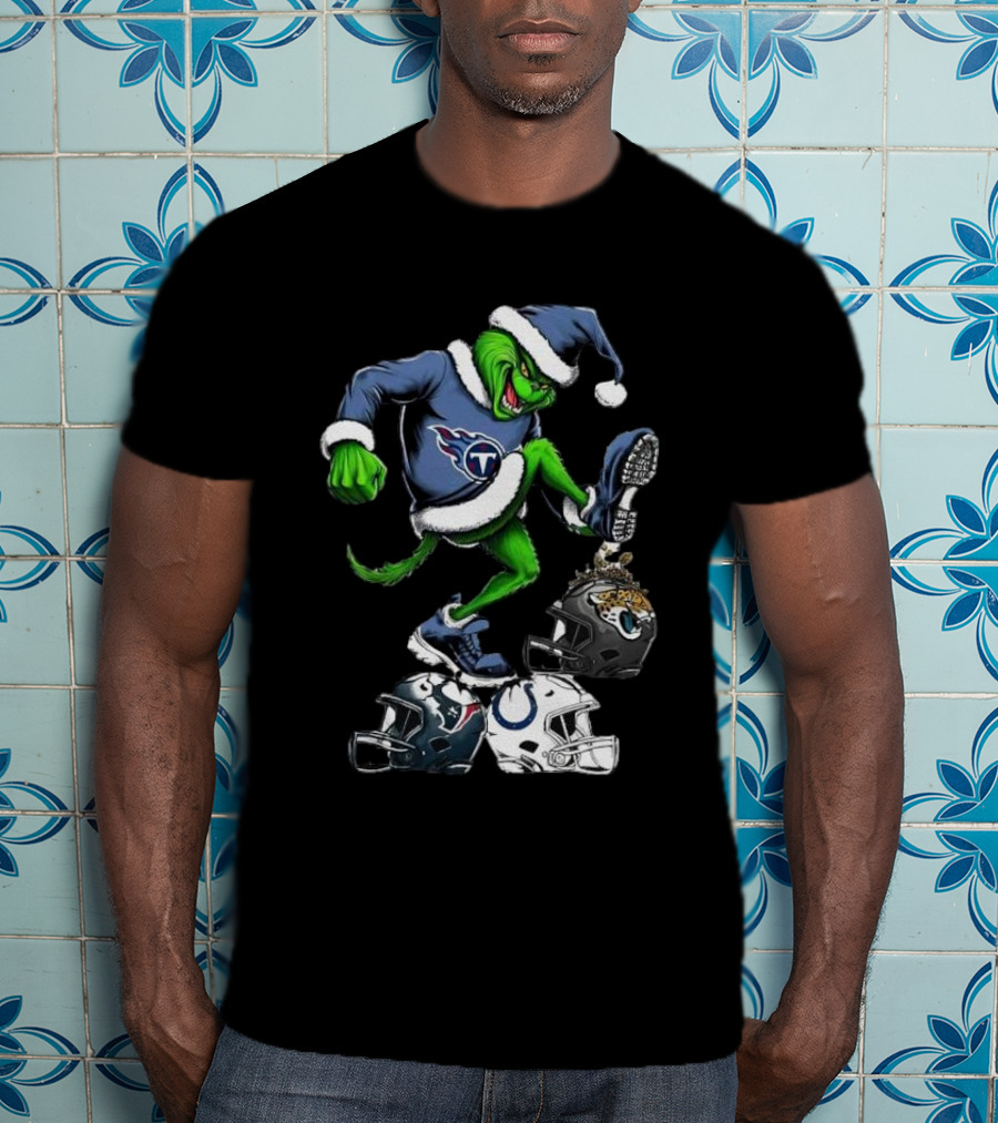 Tennessee Titans Grinch Stomping Jaguars Texans Colts Helmets Christmas T-Shirt