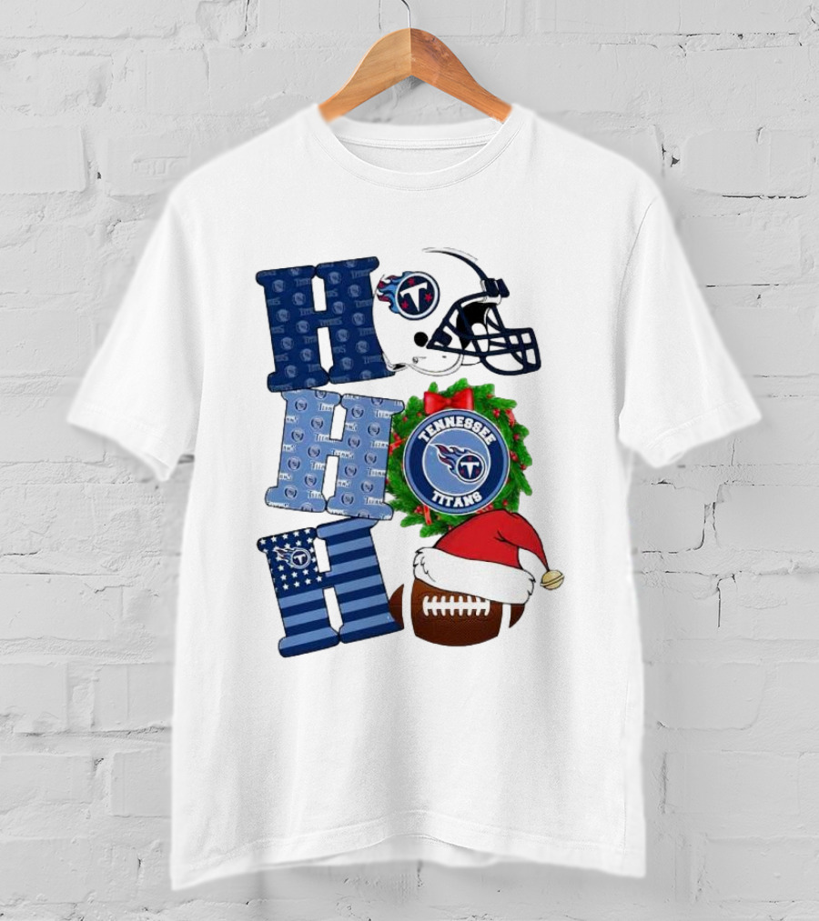 Tennessee Titans Ho Ho Ho Merry Christmas Football Helmet Santa Hat Wreath T-Shirt