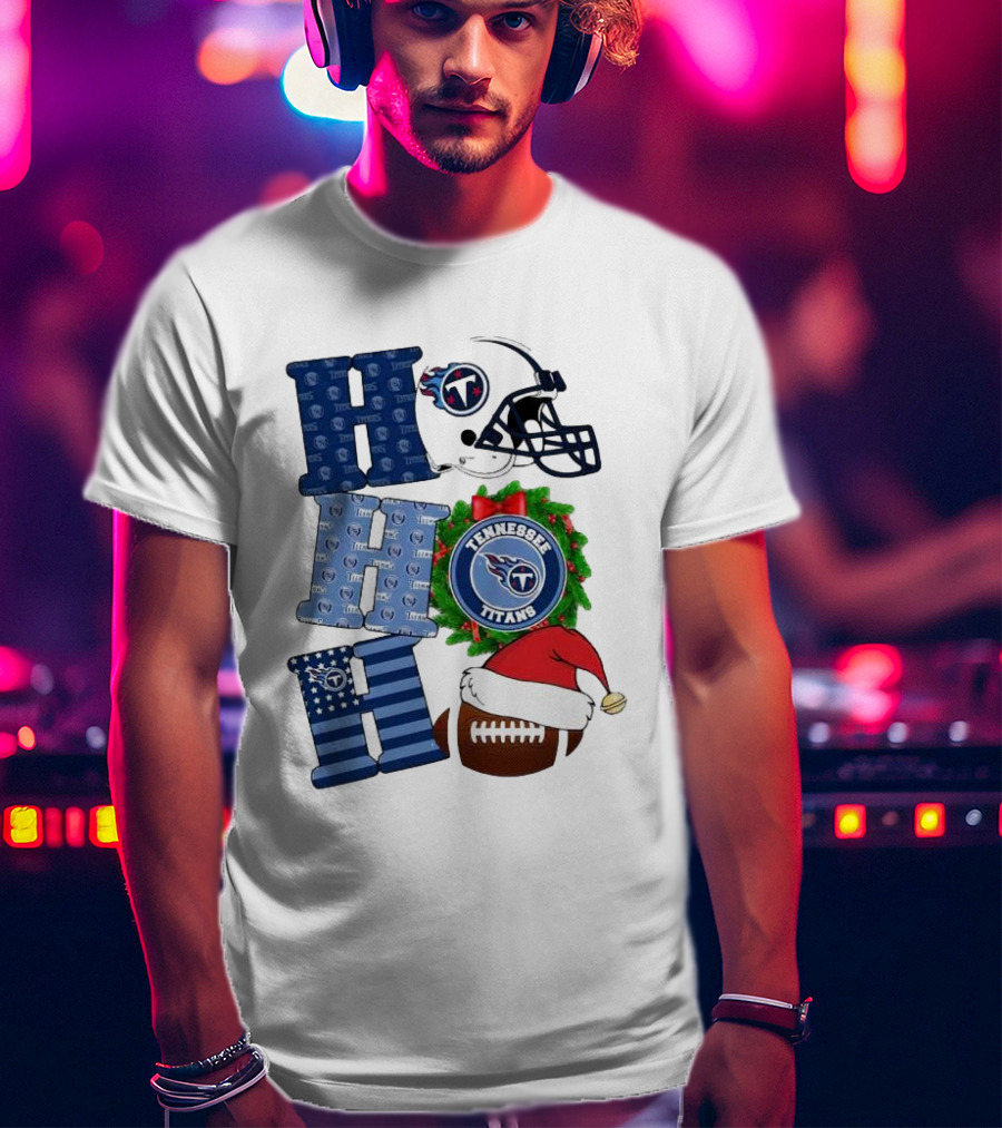Tennessee Titans Ho Ho Ho Merry Christmas Football Helmet Santa Hat Wreath T-Shirt