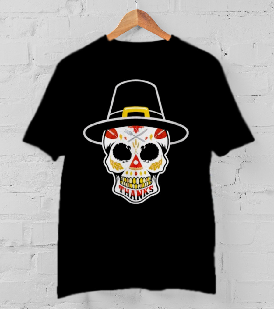 Thanksgiving Sugar Skull Thanks Pilgrim Hat Football Leaves T-Shirt