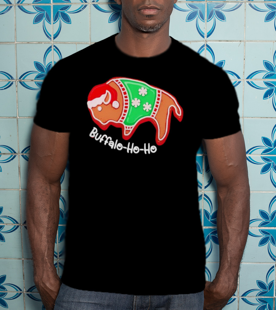 Buffalo-Ho-Ho Christmas Gingerbread Bison Santa T-Shirt