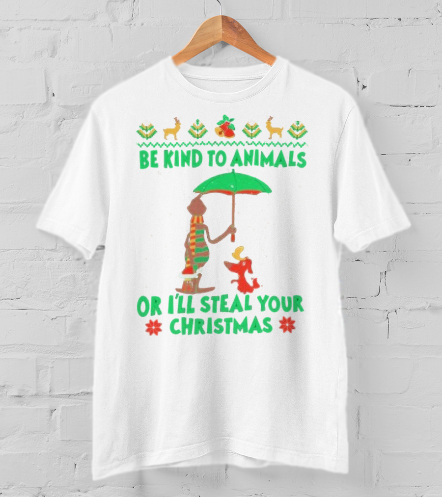 Be Kind To Animals Or I’ll Steal Your Christmas Grinch And Dog With Holiday Symbols T-Shirt