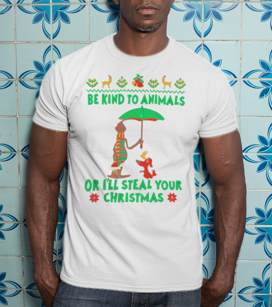 Be Kind To Animals Or I’ll Steal Your Christmas Grinch And Dog With Holiday Symbols T-Shirt