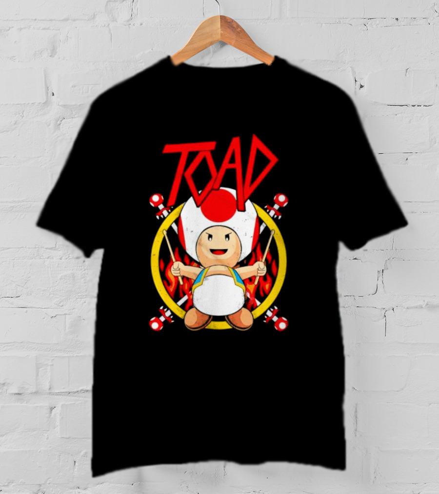 TOAD Heavy Metal Mushroom Drummer With Drumsticks And Flames Background T-Shirt