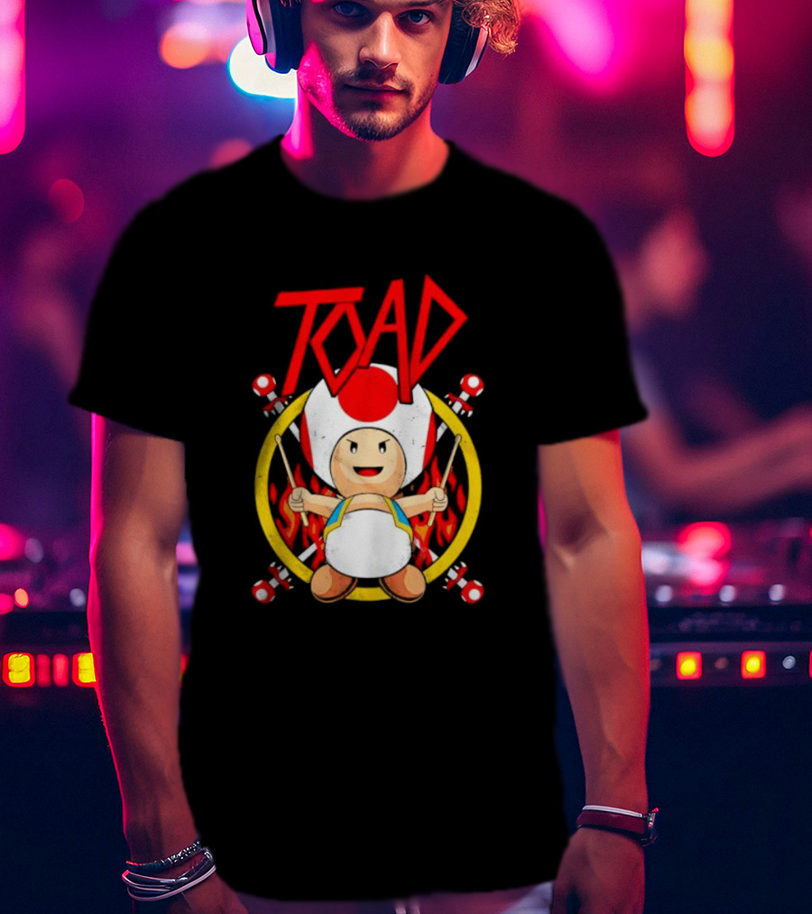 TOAD Heavy Metal Mushroom Drummer With Drumsticks And Flames Background T-Shirt