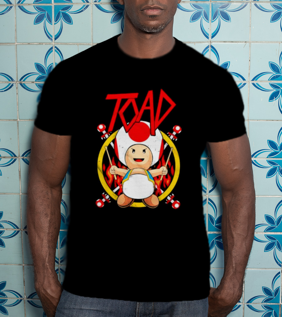 TOAD Heavy Metal Mushroom Drummer With Drumsticks And Flames Background T-Shirt