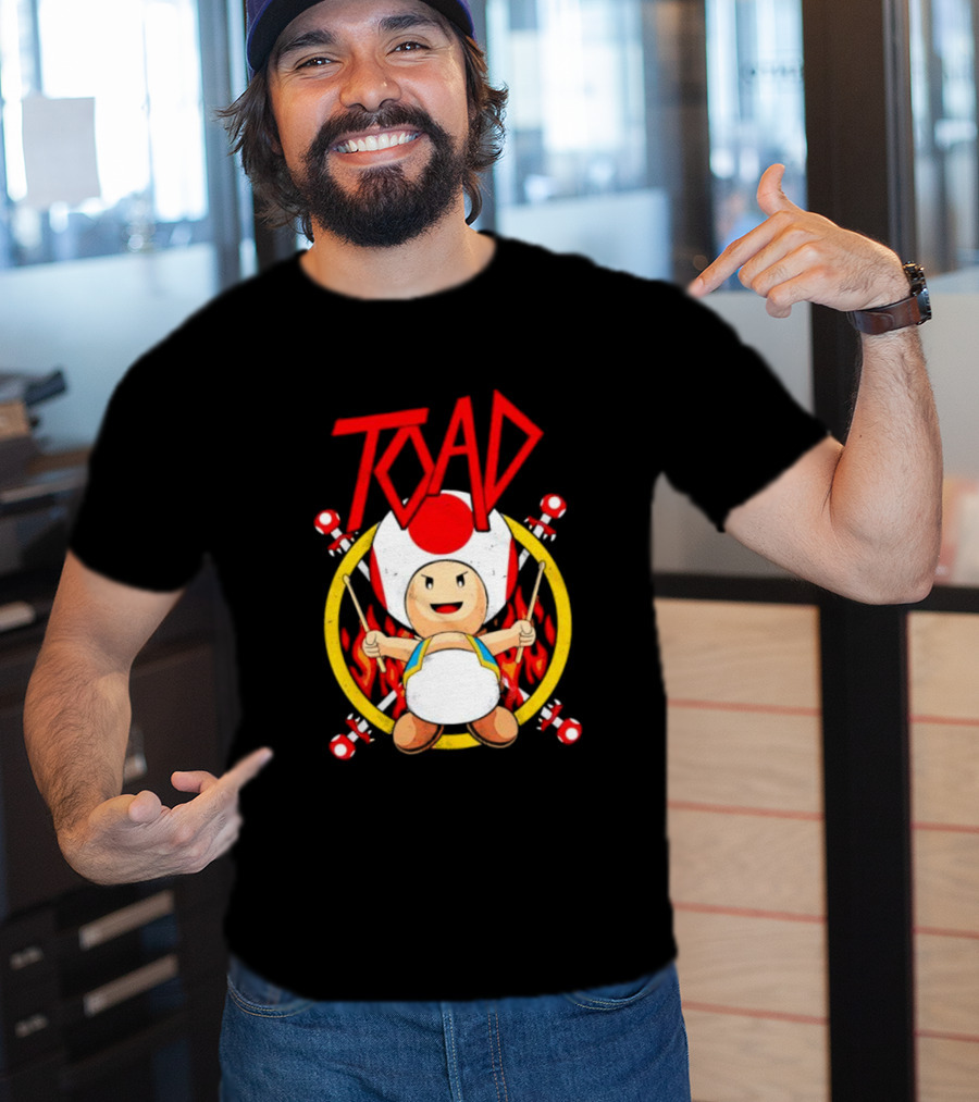 TOAD Heavy Metal Mushroom Drummer With Drumsticks And Flames Background T-Shirt